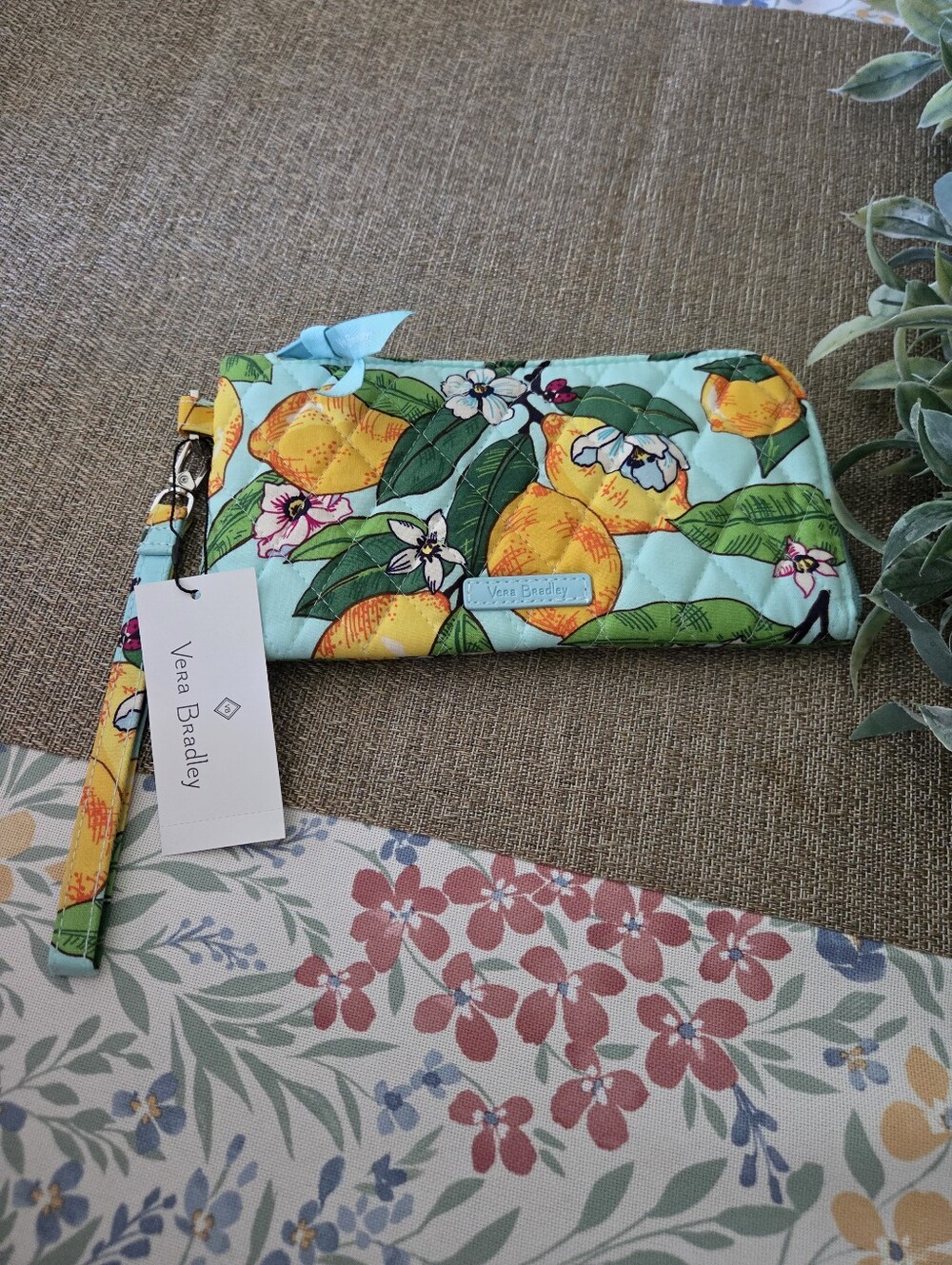 Vera Bradley Quilted Lemon Print RFID Wristlet in Aqua and Yellow